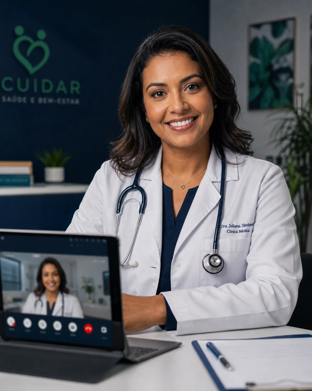 Médica brasileira em consulta de telemedicina
